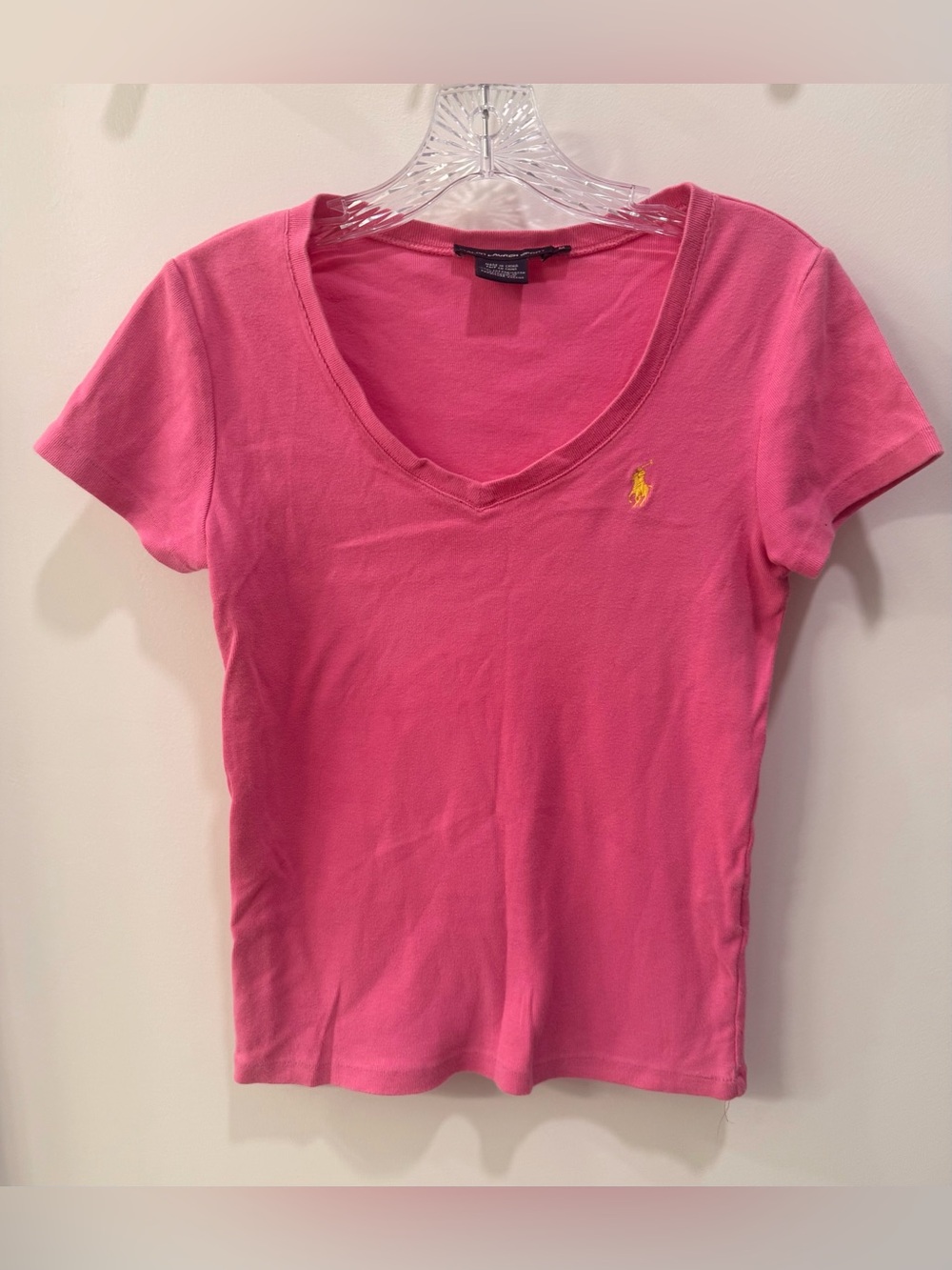 Vintage 90s Ralph Lauren Sport Pink V-neck top Yellow Pony 100% cotton Women M